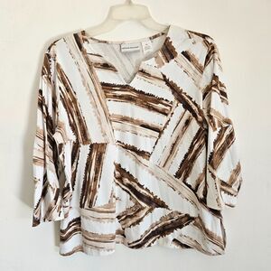 Alfred Dunner Top Womens Petite Large PL Cream Tan Brown Art Print Pullover